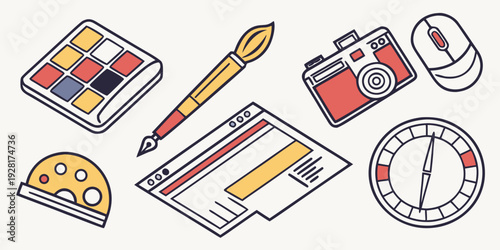 A variety of school supplies including pens, pencils, a ruler, a protractor, and a calculator Vector