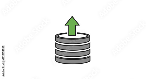 Stack of coins with green arrow.