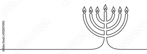Minimalist black line drawing of a seven-branched menorah with lit candles, created in a simple, continuous one-line art style for a modern and elegant religious concept