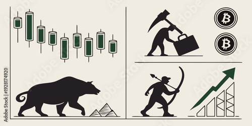 A bear market with a bullish trend and a person holding a flag with a bull on it Vector