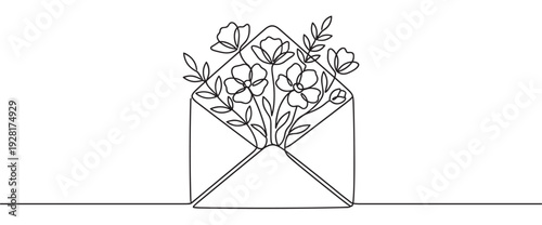 Continuous one line drawing of flowers in an open envelope illustrates a minimalist and elegant design concept for love letters, invitations, or romantic correspondence
