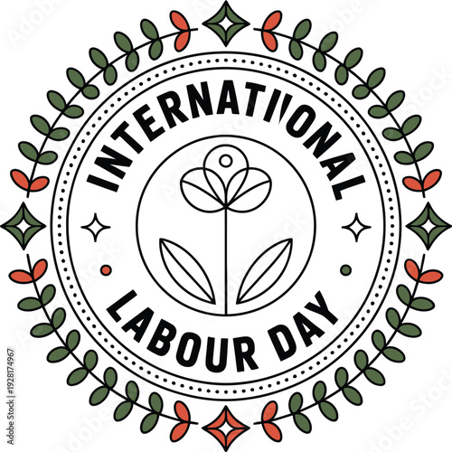 International labour day celebration. flower logo with leaves and decorative elements