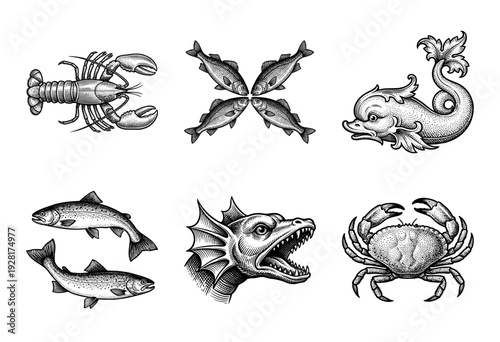 Set of vintage nautical sea creature illustrations in black and white woodcut engraving style including lobster crab and mythical monsters.