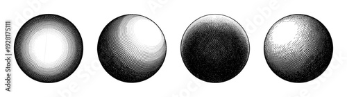 Set of four geometric spheres featuring vintage engraving and crosshatch shading styles for architectural and artistic illustration