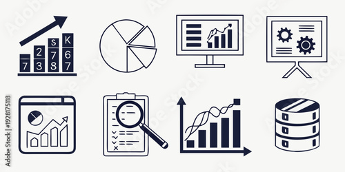Icons representing various aspects of data analysis and business intelligence Vector