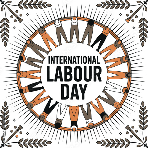 International labour day logo depicting diverse people holding hands in a circular formation