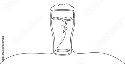 Single continuous line drawing of a beer glass with foam is rendered in a minimalist black and white style, showcasing an elegant and modern artistic illustration of the beverage