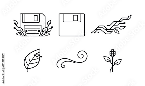 Techno Botanical Disk Icons. Line vector icons of floppy disk sprouting digital vines (techno botanical): disk outline, shutter