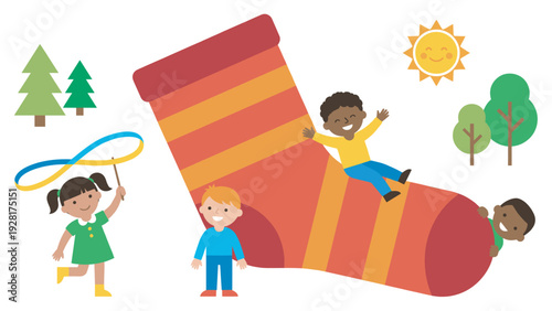 Happy diverse children playing outdoors in a whimsical illustrated scene, with one boy sliding down a giant striped sock and a girl dancing with a ribbon on a sunny day