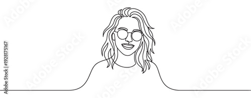 Continuous one line drawing of a woman with glasses and messy hair smiling happily, a minimalist black and white portrait illustration with a modern and simple aesthetic
