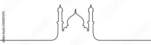 Continuous one line drawing of a mosque silhouette with a central dome and two minarets in a minimalist, modern, and elegant graphic style for religious concepts