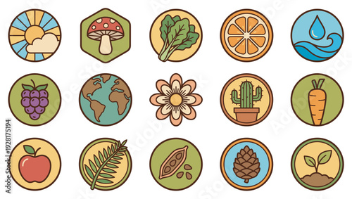 Collection of nature and food icons in a modern line art style with a retro color palette, featuring plants, fruits, vegetables, and environmental symbols for ecology concepts