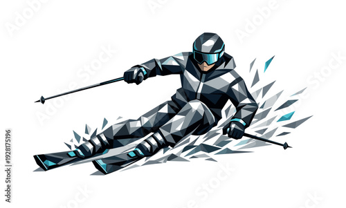 Low-poly vector illustration of a downhill skier breaking through the carve with perfect control, stabilized angular posture and
