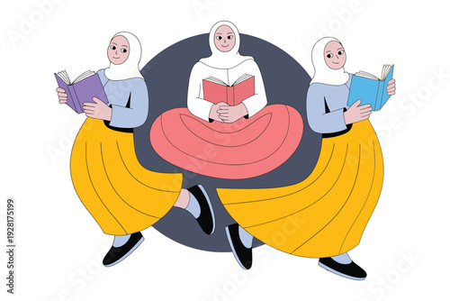 Muslim women in hijab reading books in a modern illustration style