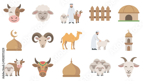 Collection of flat design icons for Eid al-Adha featuring sacrificial animals like sheep, goats, cows, and camels with religious symbols and traditional elements