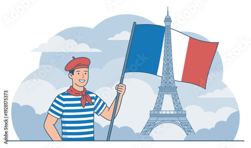 Smiling cartoon man in a beret and striped shirt proudly holds a tricolor flag with a famous landmark tower visible among the clouds in a flat line art illustration