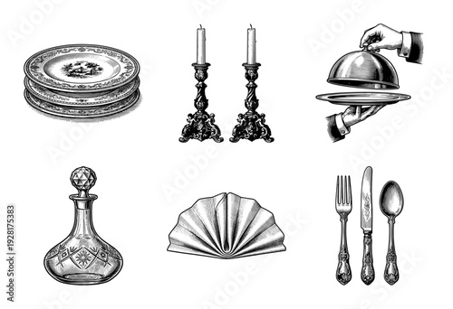 Vintage engraving collection of elegant fine dining table settings and luxury restaurant service elements featuring plates, silverware, and crystal decanter.