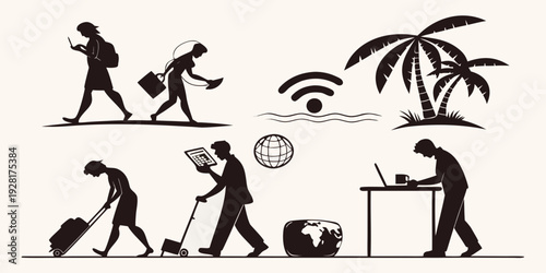 Illustration of various activities and symbols related to technology and nature. Vector
