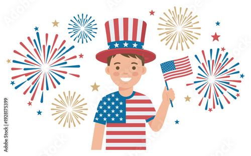 Happy cartoon boy in a patriotic top hat and flag t-shirt smiles while holding a small flag, celebrating a national holiday with festive fireworks and stars