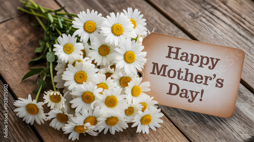 Fresh bouquet of white daisies with a vintage Happy Mothers Day card on rustic wood in soft natural 