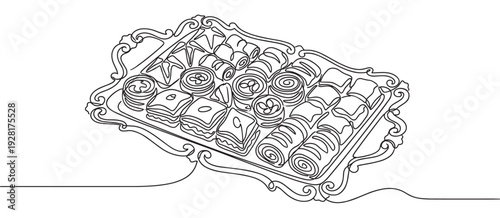 Assortment of traditional baklava sweets on an ornate tray drawn in a continuous single line art style, a minimalist black and white illustration of oriental desserts
