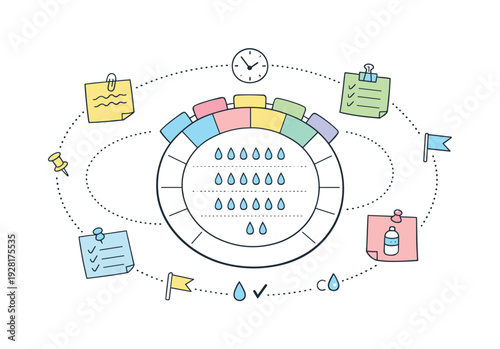 Circular planning wheel, orbiting sticky notes, tiny clock and flag icons, curved dotted paths for Water intake tracker with tabs