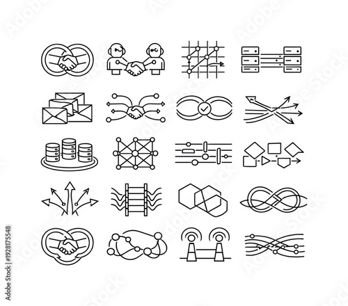 Line vector icons of server-to-server diplomacy with algorithmic envoys: protocol-handshake rings, envoy-algorithm nodes,