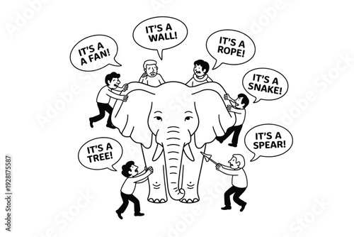 Elephant illustration with people touching and describing different body parts