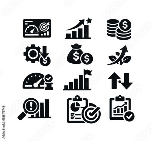 Solid vector icons of business data analysis: kpi, performance, revenue, cost, profit, growth, efficiency, benchmark, variance,