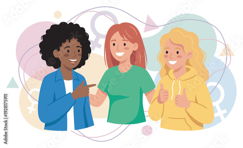 Three diverse young women smiling and interacting together in a positive and supportive group, celebrating female empowerment and friendship with abstract gender symbols