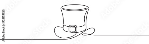 Leprechaun top hat with a buckle is drawn in a continuous single line style for a minimalist and modern St. Patrick's Day concept