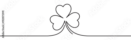 Continuous one line drawing of a three-leaf clover with heart shaped leaves in a minimalist black and white style, representing luck and a festive holiday celebration