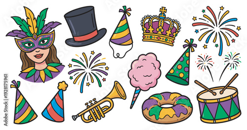 Colorful collection of Mardi Gras illustrations featuring a feathered mask, king cake, crown, and fireworks in a festive, hand-drawn cartoon style for holiday celebrations