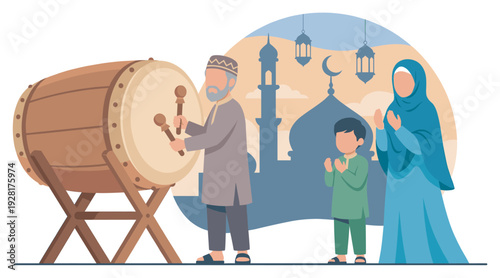 Muslim family celebrating Eid with a father hitting a traditional bedug drum while his wife and son are praying together in front of a mosque silhouette with hanging lanterns