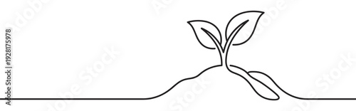 Small plant sprout with two leaves drawn in a single continuous black line, symbolizing growth, new beginnings, and environmental concepts in a minimalist artistic style