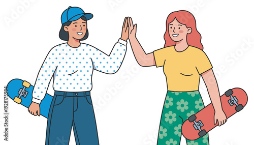 Two happy young female friends holding skateboards give a high five gesture in a cheerful cartoon illustration representing friendship, success, and teamwork