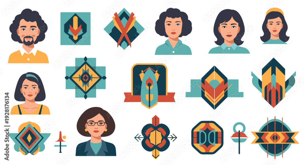 Fototapeta premium A minimalist illustration featuring a woman’s portrait alongside a vibrant, layered geometric design. Ideal for branding, presentations, or digital ar