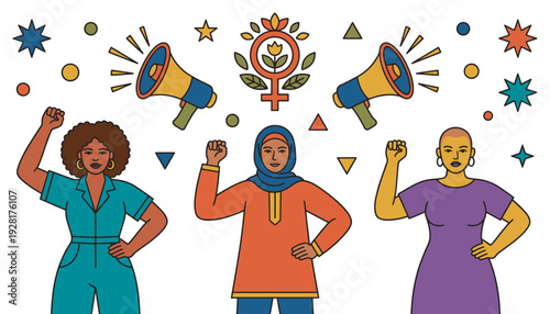 Three diverse women protesting with raised fists stand together in a colorful graphic illustration with megaphones and a Venus symbol representing empowerment and solidarity
