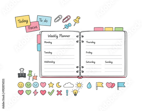 Minimalist Planner Layout. Open weekly planner spread, tabbed notebook pages, paper clips and sticky notes, small reminder icons