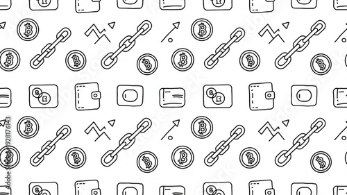Doodle cryptocurrency icons pattern featuring coins wallets and chain links perfect for financial technology backgrounds and digital asset design