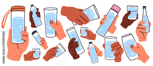 Flat vector illustration set of hands holding glasses and bottles of water in different shapes and sizes. Ideal for wellness, health, fitness, nutrition, medical, and eco-friendly design projects.