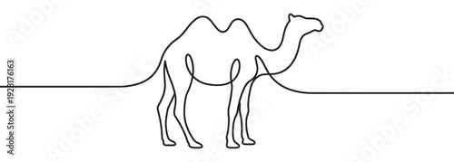 Minimalist one-line drawing of a Bactrian camel, depicted with a simple black continuous stroke that forms the elegant silhouette of the desert animal in a modern artistic style