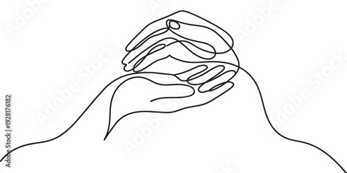 Two hands drawn in a continuous single line art style showing a gentle, protective gesture of care and support in a minimalist black and white illustration