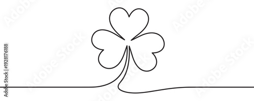 Continuous one line drawing of a three-leaf clover shamrock symbol for St Patrick's Day, featuring a minimalist black outline with heart-shaped leaves in a simple, elegant style