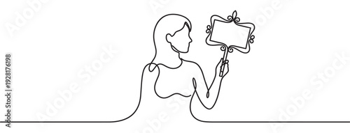 Continuous line drawing of a woman holding an ornate vintage hand mirror in a minimalist black and white style, representing beauty, self-reflection, and elegance