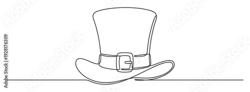 Traditional leprechaun top hat with a buckle is rendered in a simple, elegant one-line art style, symbolizing a festive holiday celebration