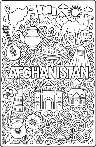 Afghanistan hand drawn vector illustration doodle art line art coloring page for kids