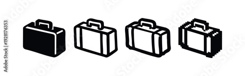 Isometric Business Briefcase Icons in Solid, Outline, Sketch, and Pixel Art Variations for Corporate Themes