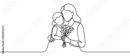 One line drawing of a mother hugging her young daughter holding a bouquet of tulips, a tender and minimalist illustration representing family love and celebration