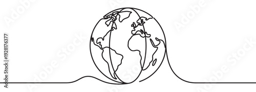 Continuous single line drawing of planet Earth globe with continents in a minimalist, abstract style representing global connection, environment, and international unity